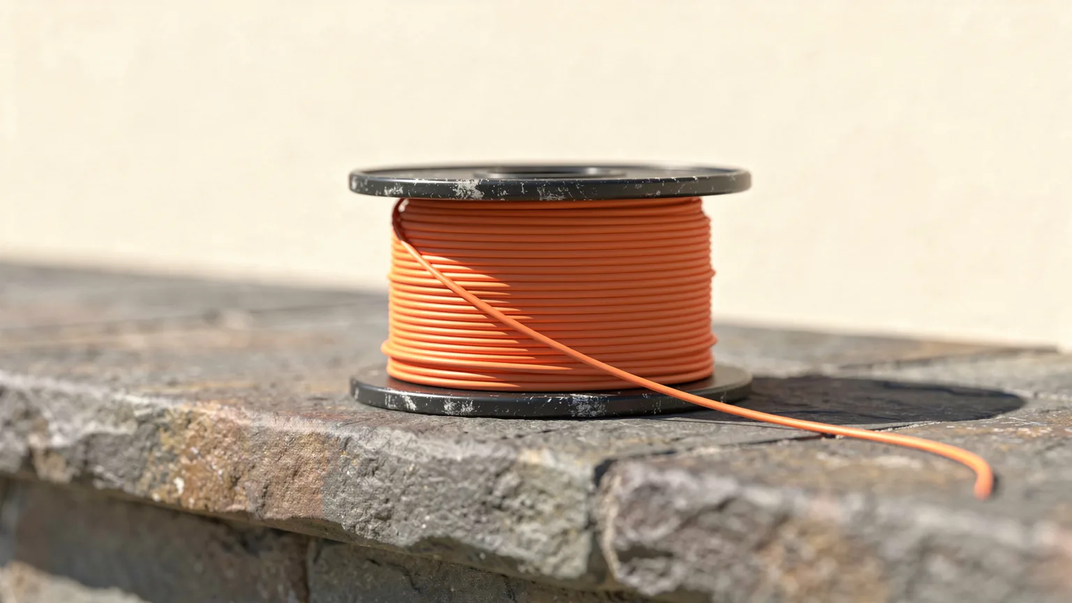 A spool of orange filament with one strand unwinding, resting on a sunlit stone ledge outdoors