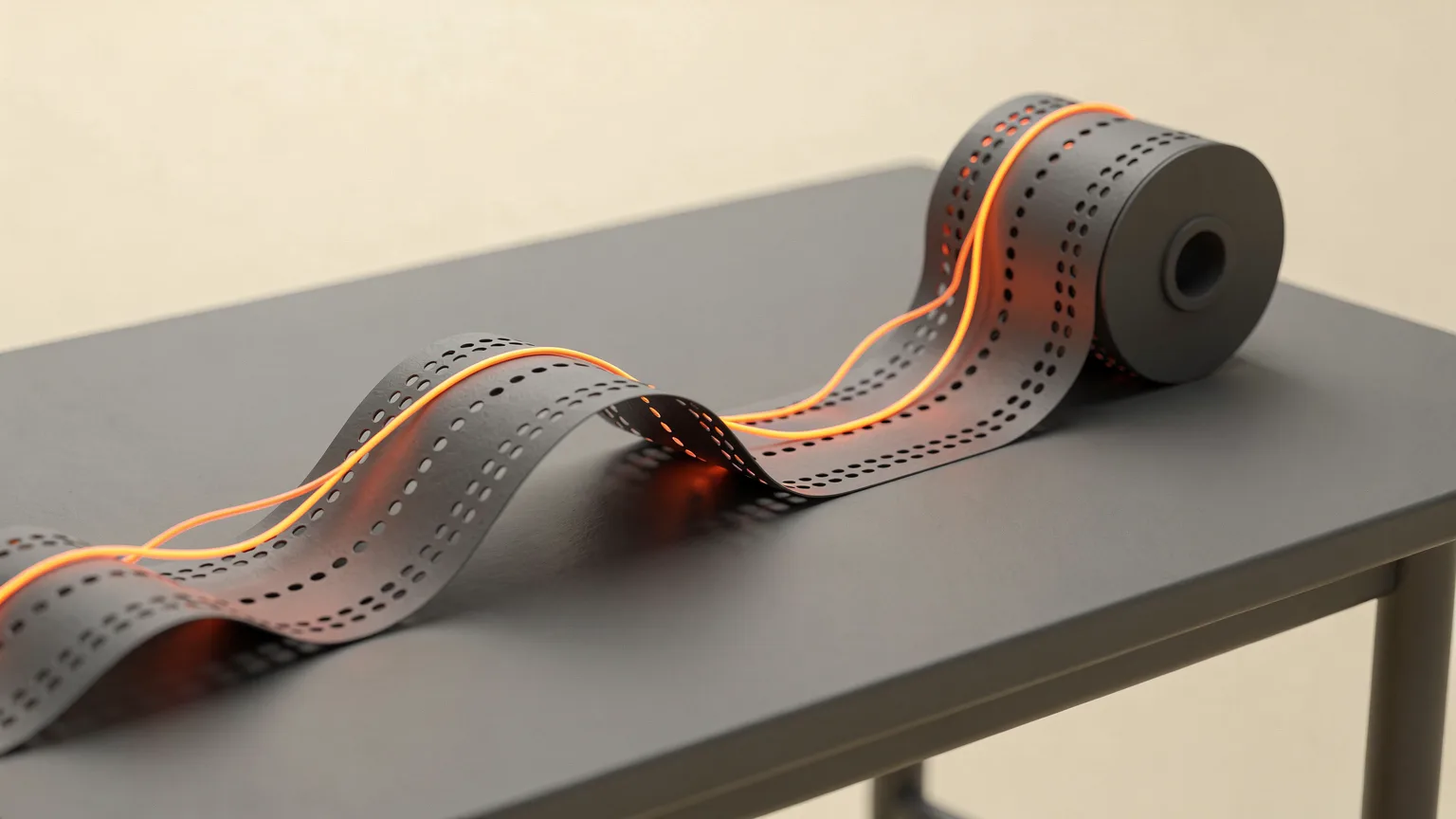 Grey punched paper tape unspooling from a roll across a bench with a glowing orange thread running along it