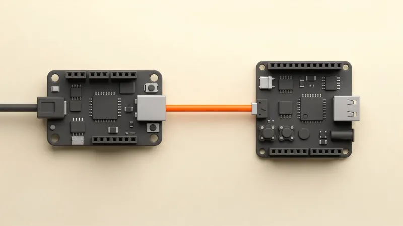 Illustration: a generic single-board computer with unlabelled chips and a thin orange cable to a 3D printer controller board