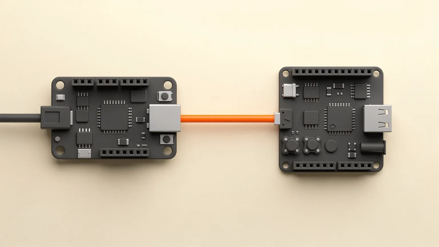 Illustration: a generic small single-board computer board with unlabelled chips and a thin orange cable running to a 3D printer controller board, flat macro view