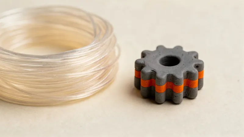 Illustration: a coil of pale translucent nylon-like filament beside a small graphite printed gear with an orange stripe