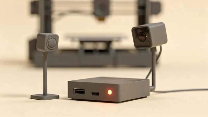 Illustration: a generic single-board computer in a plain case beside a tiny camera on a stalk facing a blurred 3D printer
