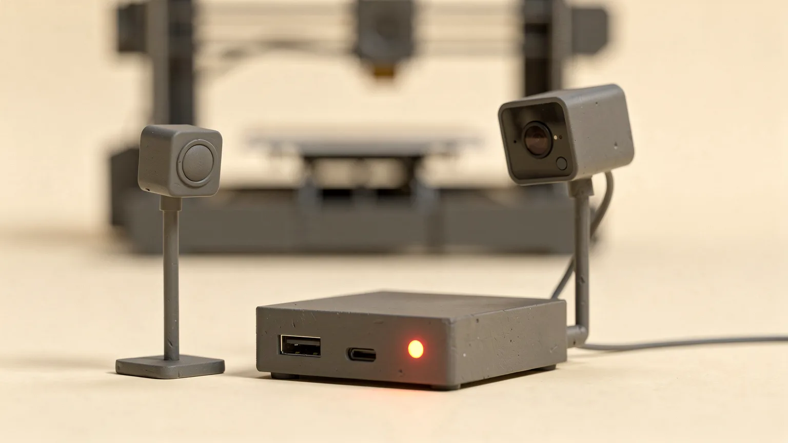 Illustration: a small generic single-board computer in a plain case beside a tiny camera on a stalk pointing at a blurred 3D printer, orange status light on the case