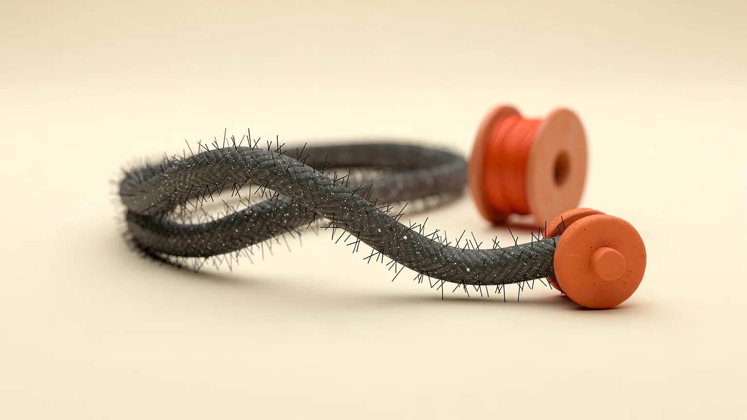 Illustration: a short length of dark carbon-speckled filament with fine black fibres visible, curled next to a small orange spool end, macro view