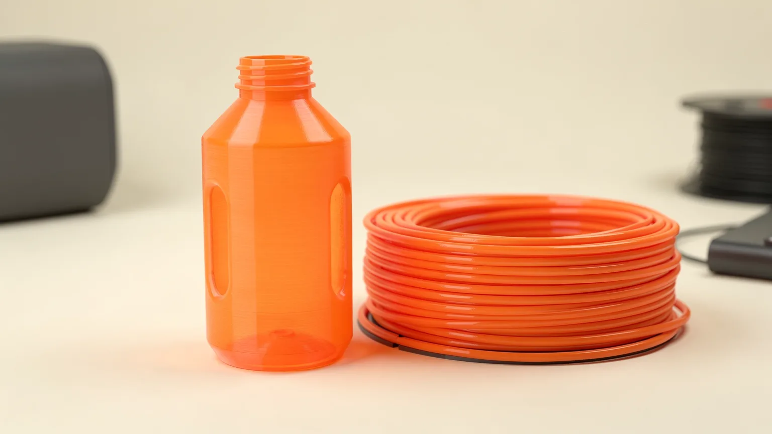 Illustration: a glossy translucent orange printed bottle-shaped part standing beside a coil of matching translucent filament