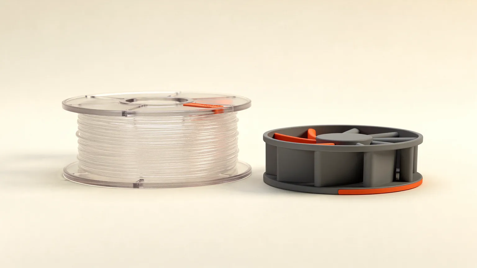 Clear translucent filament spool next to a grey printed fan shroud with orange accents on a cream background