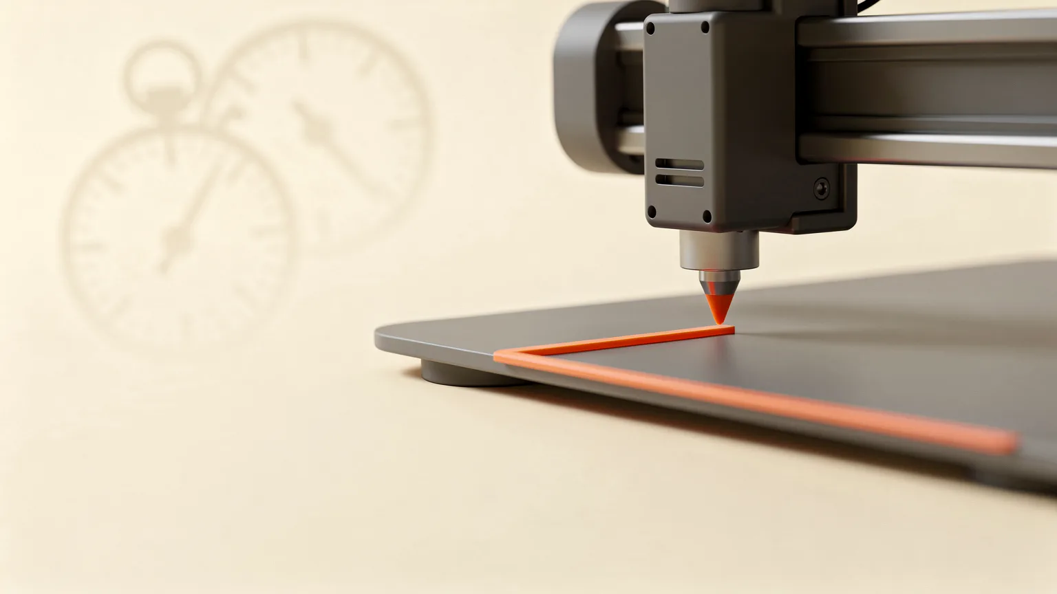 Illustration of a printer nozzle laying an orange filament line around a sharp corner on a dark build plate, with faint gauge dials behind