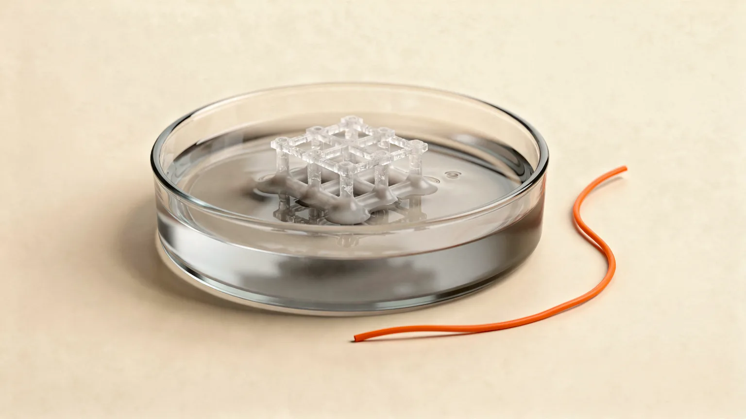 A small clear lattice printed part standing in a shallow glass dish of water as its support structure dissolves, with one orange filament strand beside the dish