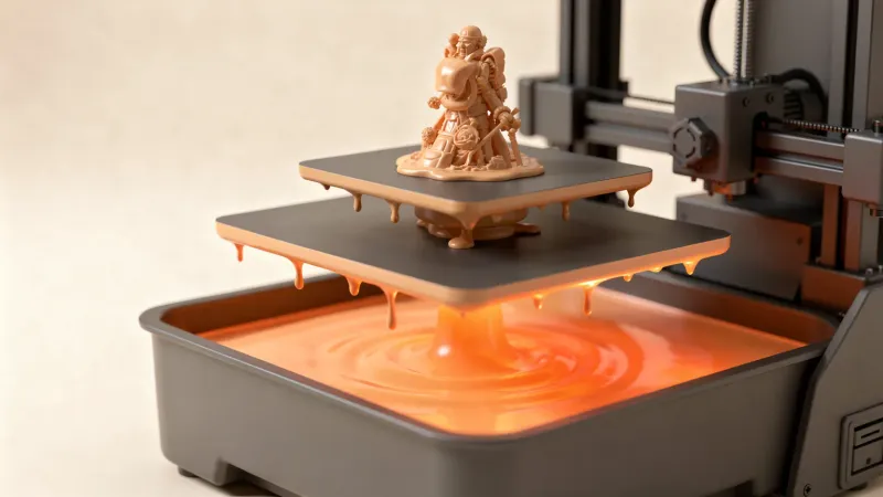 Illustration: a generic build plate rising from an orange-tinted resin vat with a small figurine emerging, resin dripping