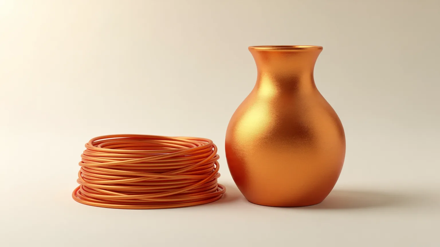 Illustration: a shiny satin-finish orange printed vase with a subtle metallic sheen beside a short coil of the same filament