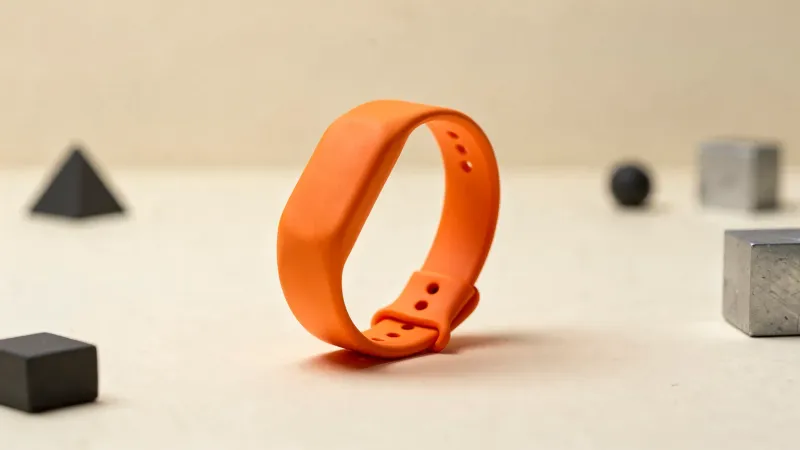 Illustration: a flexible orange printed bracelet-shaped part being gently bent into a loop on a cream surface, soft shadow