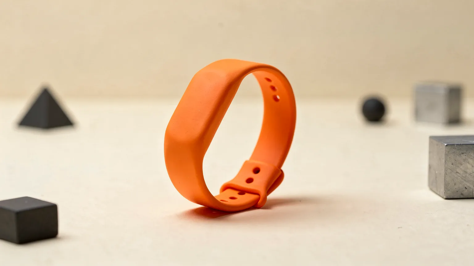 Illustration: a flexible orange printed bracelet-shaped part being gently bent by an unseen force, curved into a loop on a cream surface, soft shadow