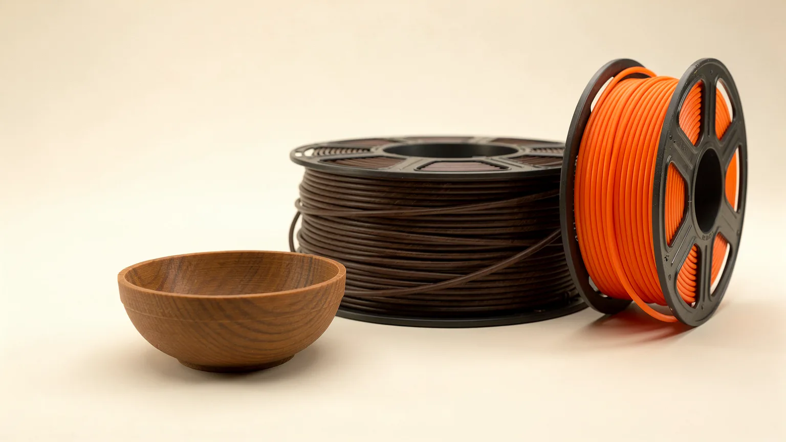 Illustration: a small printed bowl in warm brown wood-like texture beside a coil of dark wood-composite filament with one orange spool end