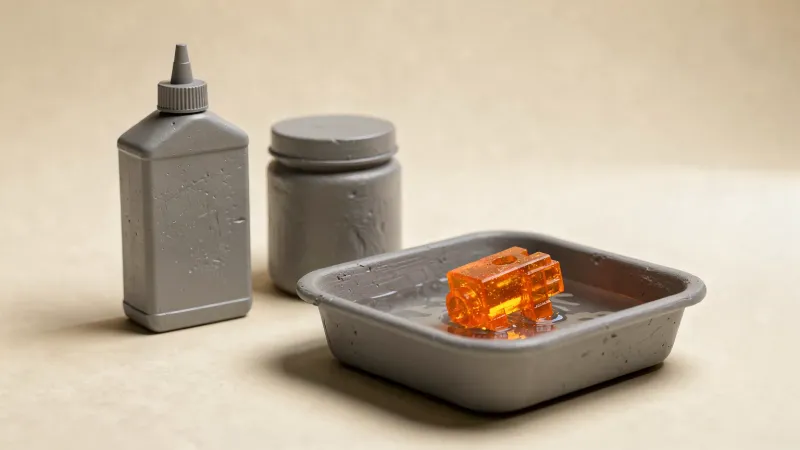 Illustration: a squeeze bottle, a lidded jar and a shallow wash tub holding a small translucent orange resin part