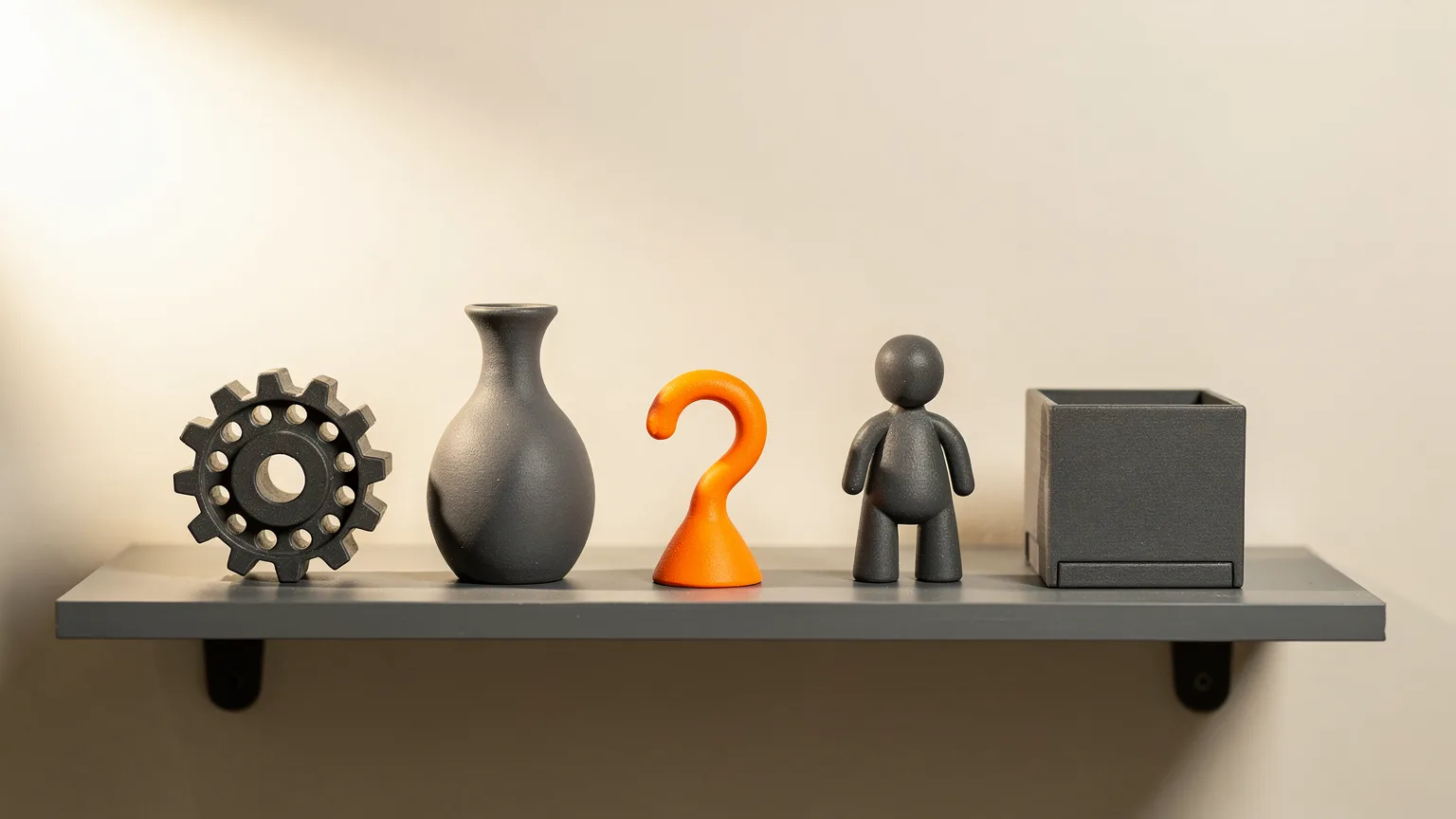 Illustration: a neat arrangement of five small different printed objects on a shelf, a gear, a vase, a hook, a figurine and a box, one in orange