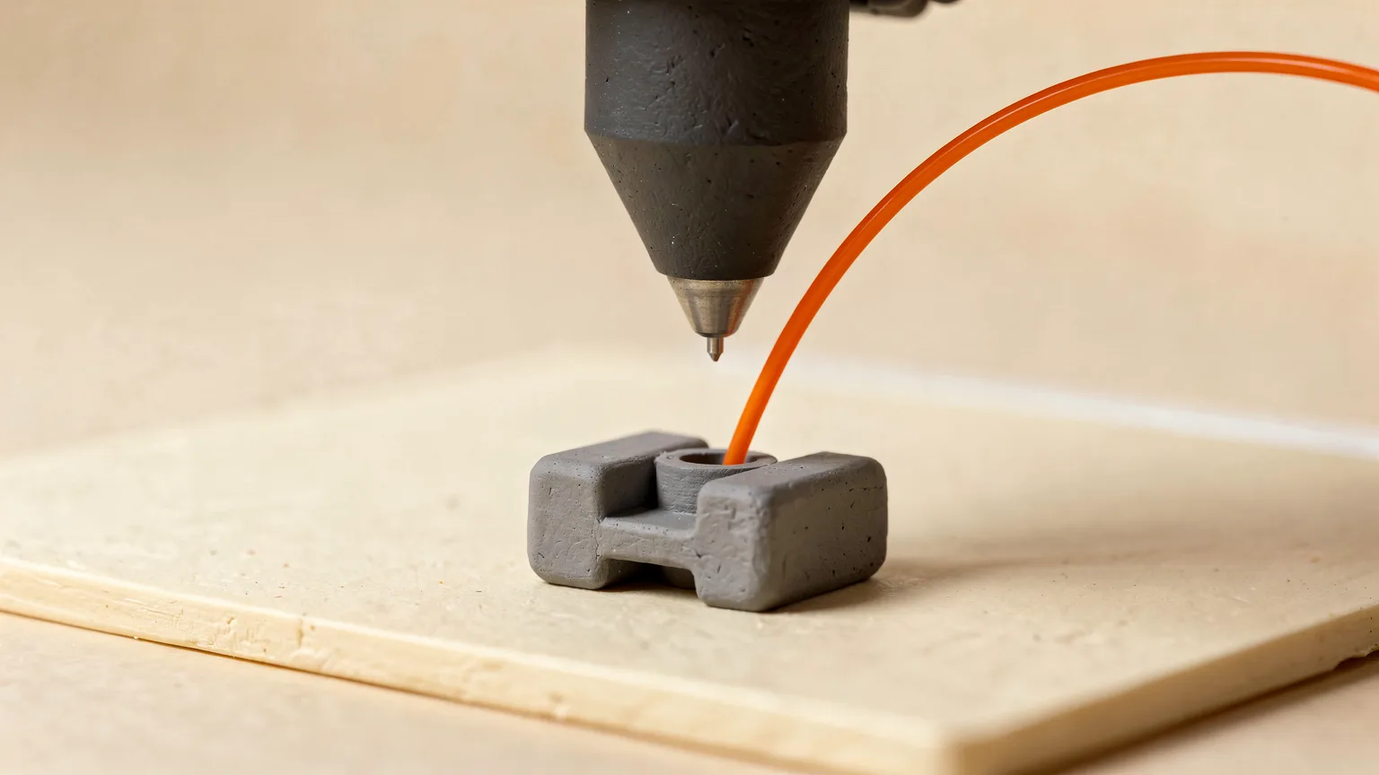 Generic charcoal printer nozzle hovering above a small gray printed part with an orange filament strand curving beside it