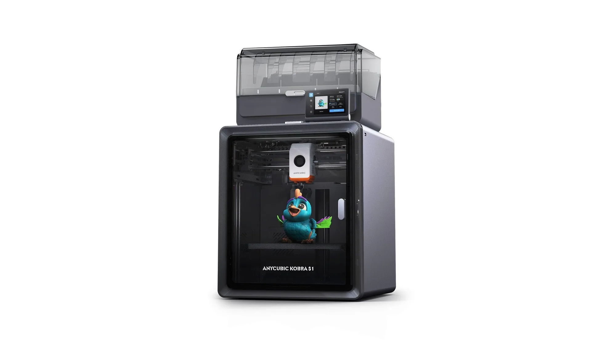 Anycubic Kobra S1 Combo enclosed CoreXY 3D printer with the filament dryer box mounted on top, on a white background