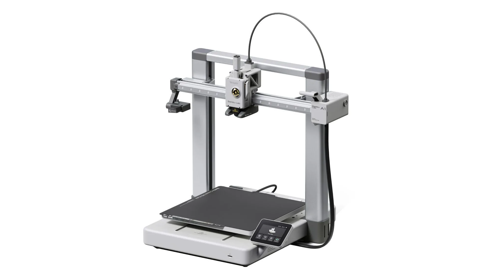 Bambu Lab A1 open-frame 3D printer seen from a three-quarter angle on a plain white background, showing the build plate and touchscreen
