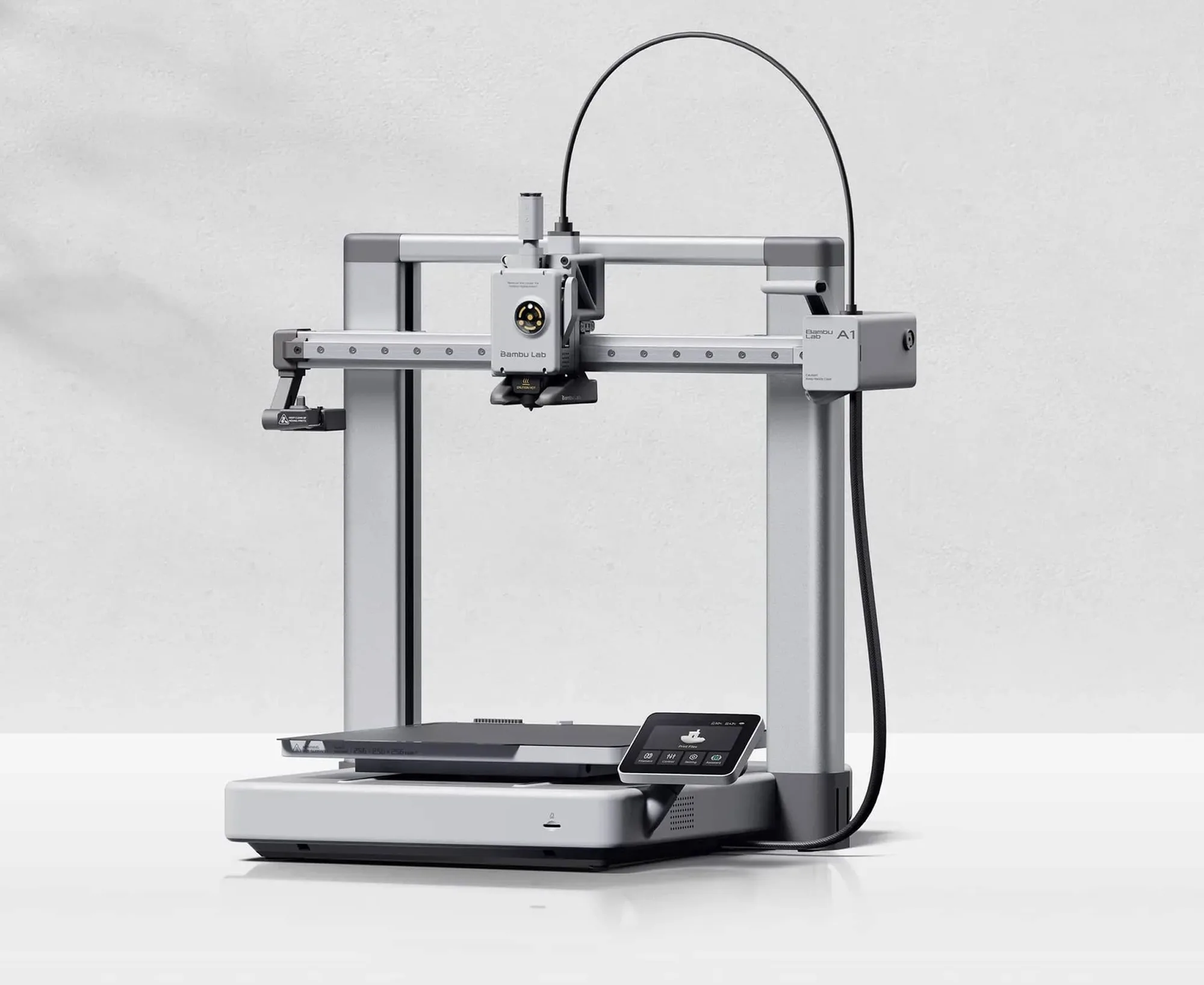 Bambu Lab A1 open-frame 3D printer on a light grey background