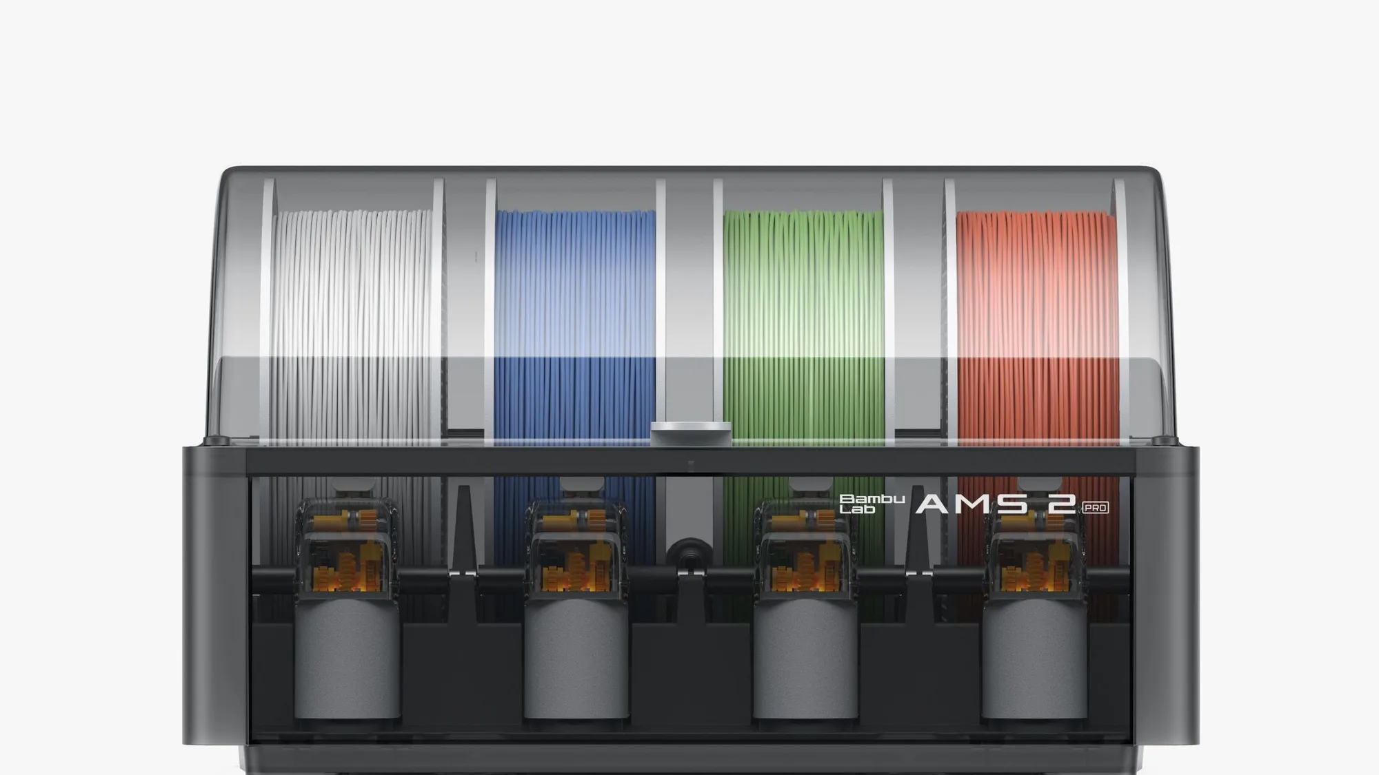 Bambu Lab AMS 2 Pro with four filament spools loaded in white, blue, green and red
