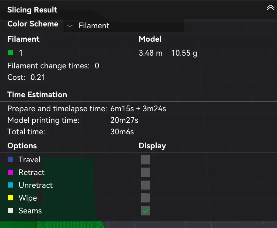 Bambu Studio Slicing Result panel showing 20m27s model printing time and 10.55 g of filament with a 10 mm outer brim