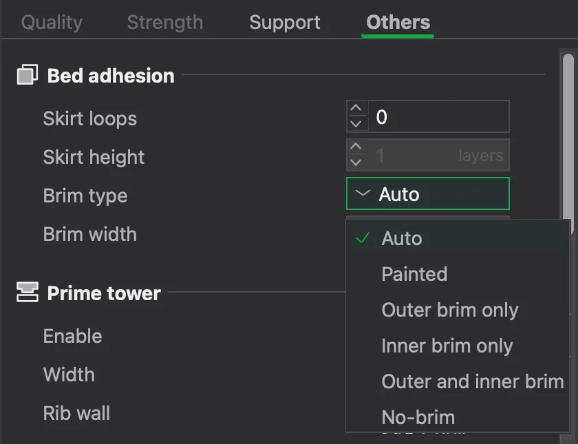 Bambu Studio Others tab showing skirt loops, brim type and brim width, with the brim type list open
