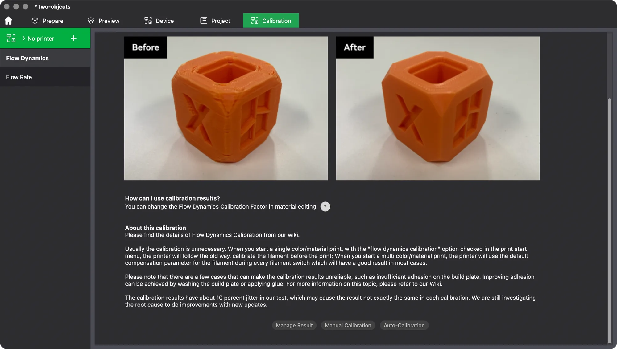Manage Result, Manual Calibration and Auto-Calibration buttons at the foot of the Flow Dynamics page