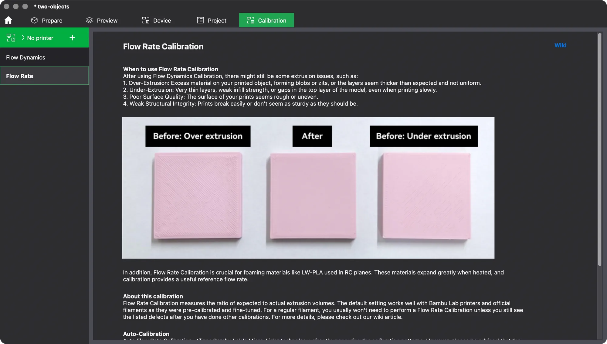 Flow Rate Calibration page in Bambu Studio listing when to use it