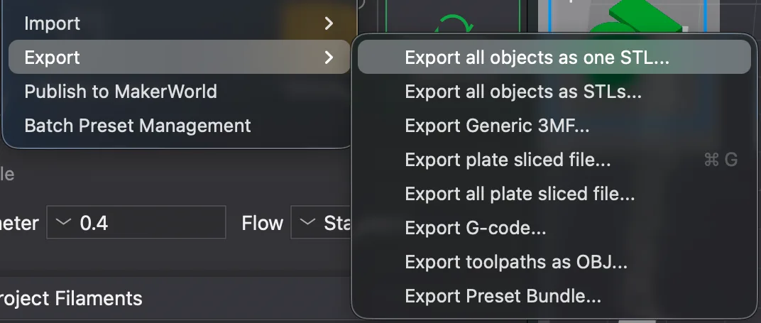 The Bambu Studio File menu with the Export submenu open, listing STL, Generic 3MF, plate sliced file, G-code and toolpaths as OBJ entries