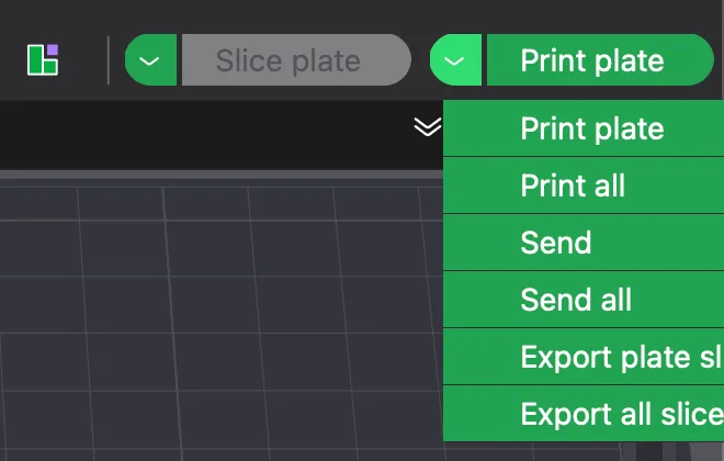 The dropdown beside the Print plate button listing Print plate, Print all, Send, Send all, Export plate sliced file and Export all sliced file