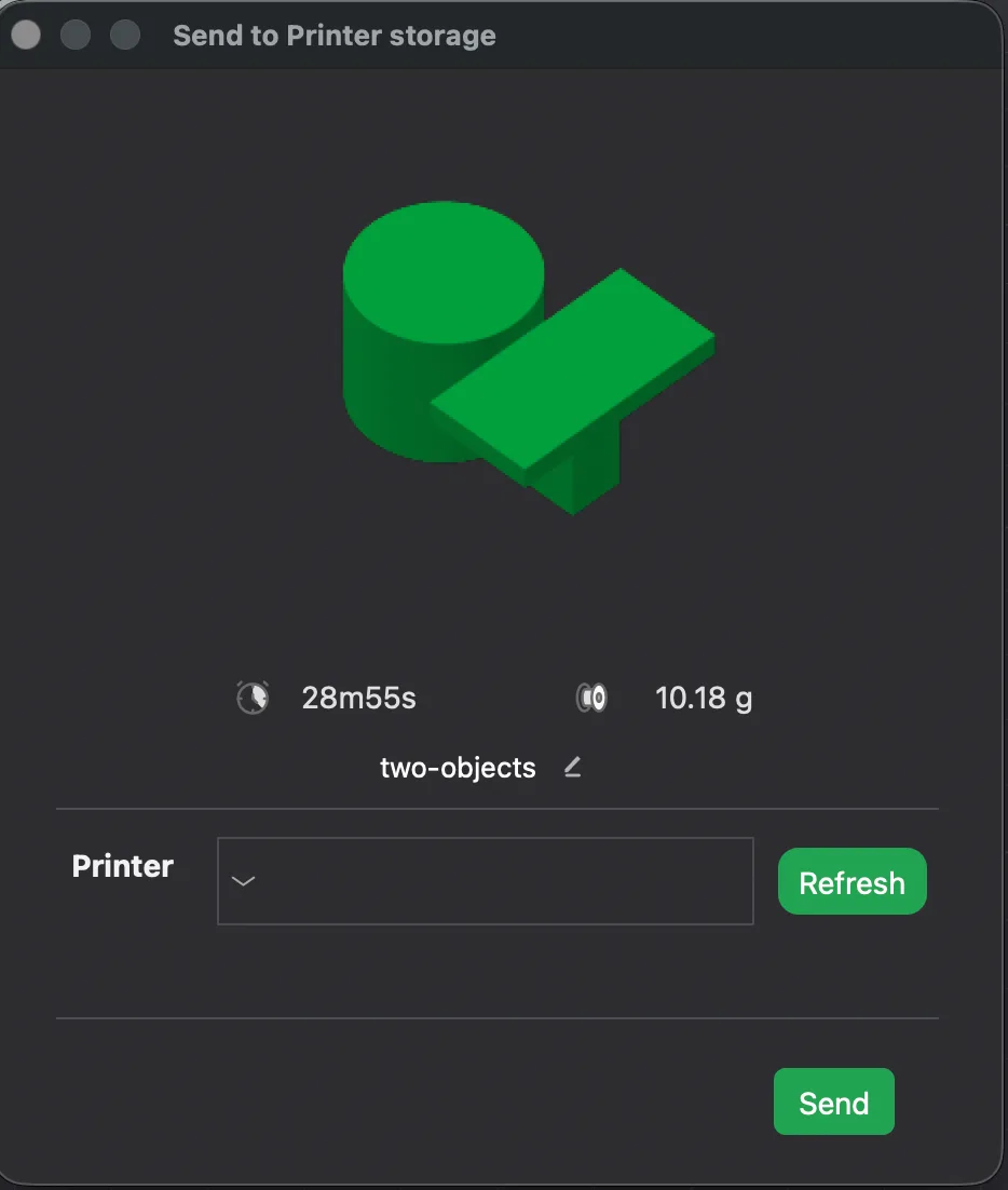 The Send to Printer storage dialog with 28m55s, 10.18 g and an empty Printer drop down