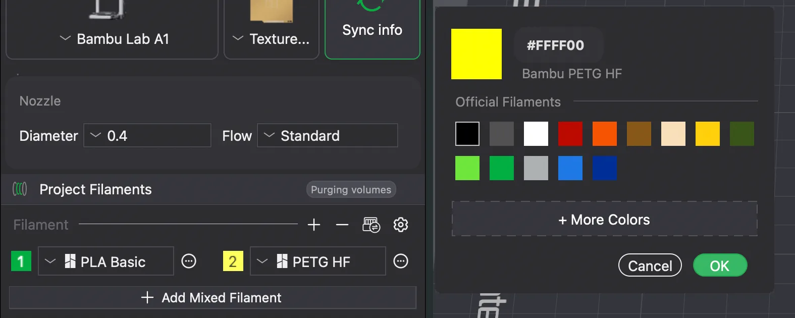 The Bambu Studio colour picker opened from the filament 2 swatch, with official filament colours and a More Colors button