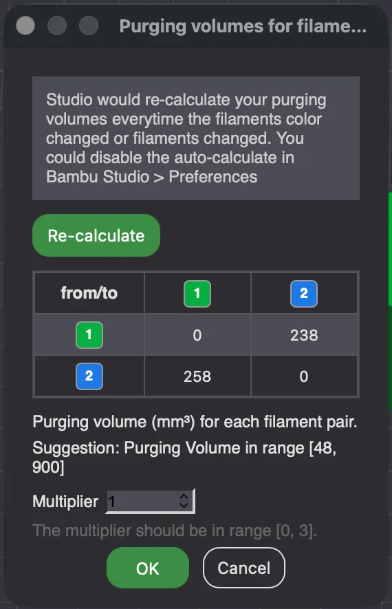 The Purging volumes for filament change dialog in Bambu Studio showing 238 and 258 cubic millimetres between filaments 1 and 2