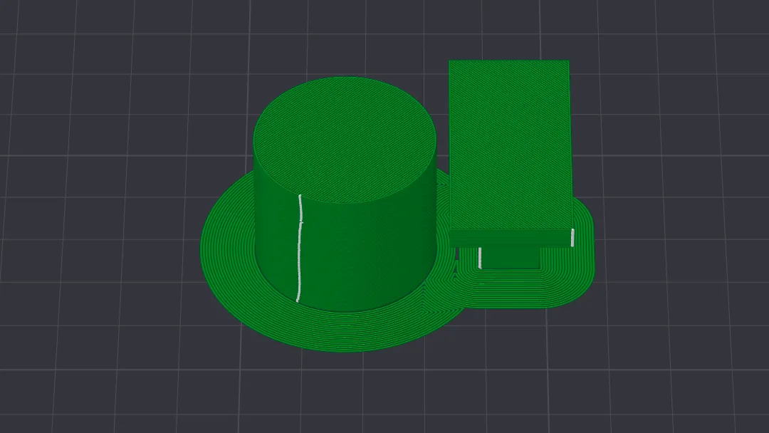 Bambu Studio Preview showing a wide outer brim around a cylinder and a small T shaped part, with a white seam line on the cylinder wall