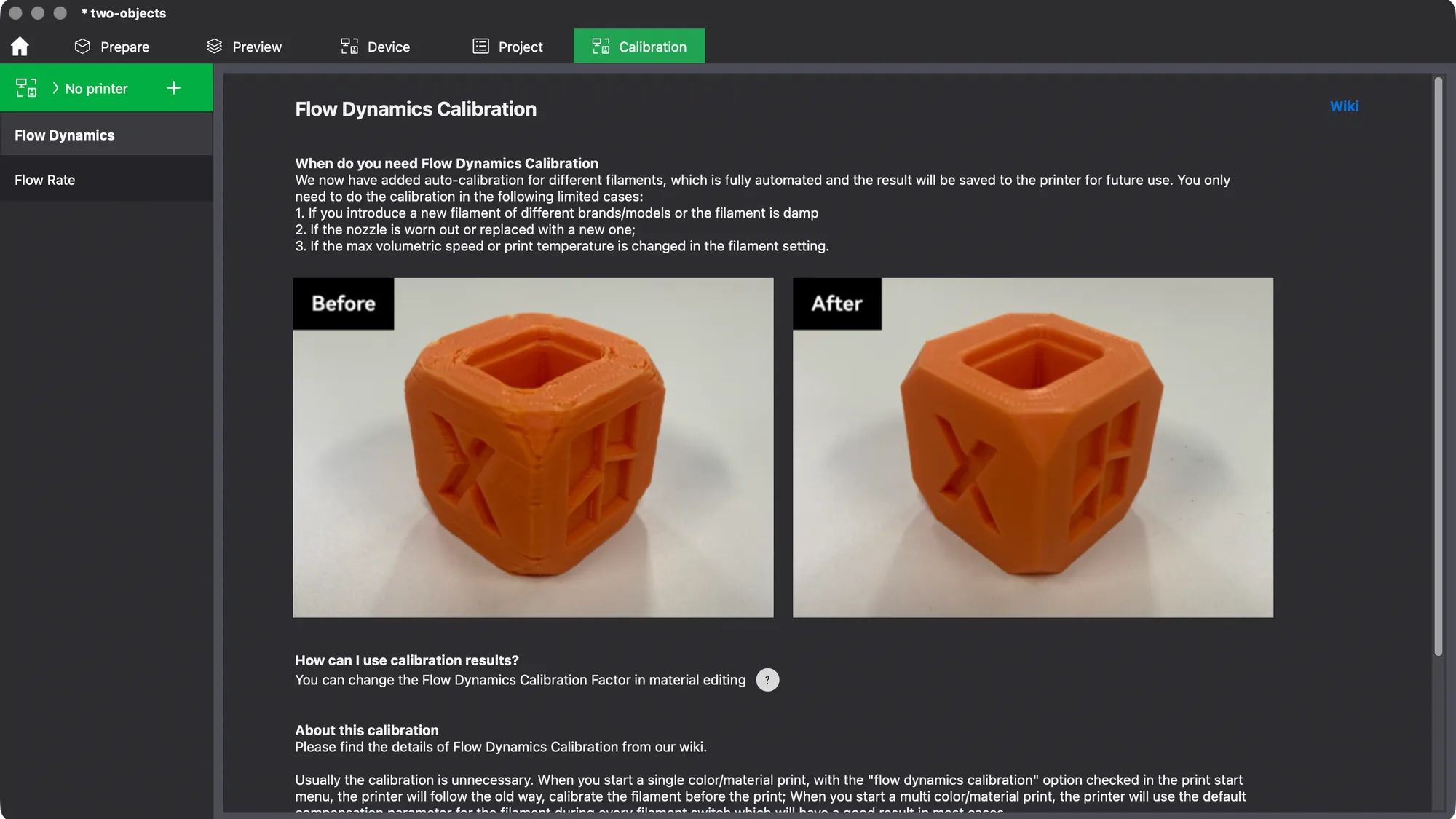 Bambu Studio Calibration tab showing the Flow Dynamics page with No printer selected