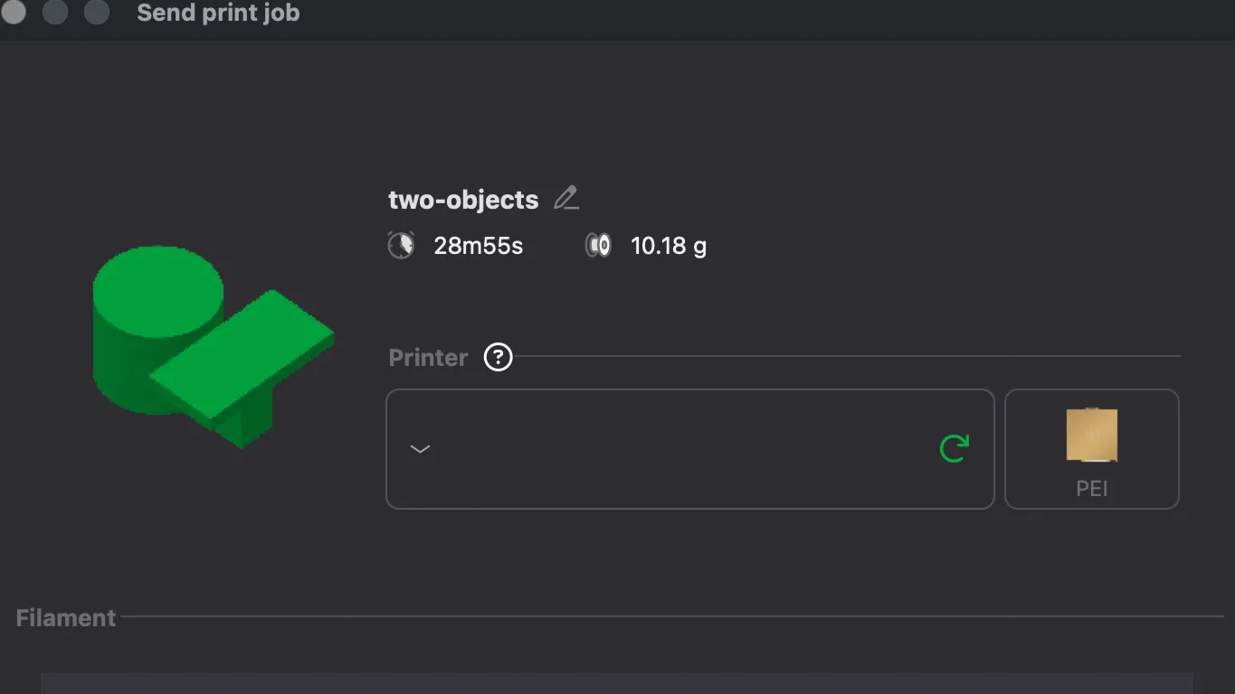 Bambu Studio Send print job dialog showing the plate name, 28m55s estimate, 10.18 g and an empty Printer list