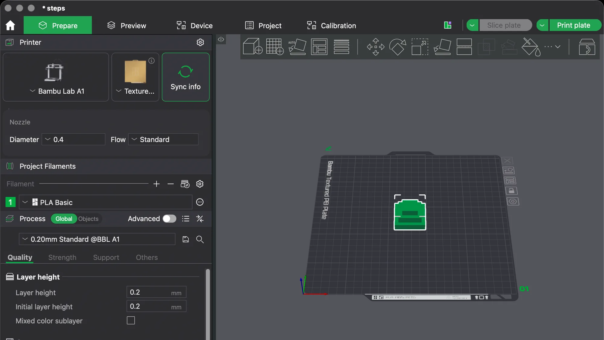 The Bambu Studio Prepare tab with the tab bar, printer and process panels, toolbar and a model on the Bambu Lab A1 plate