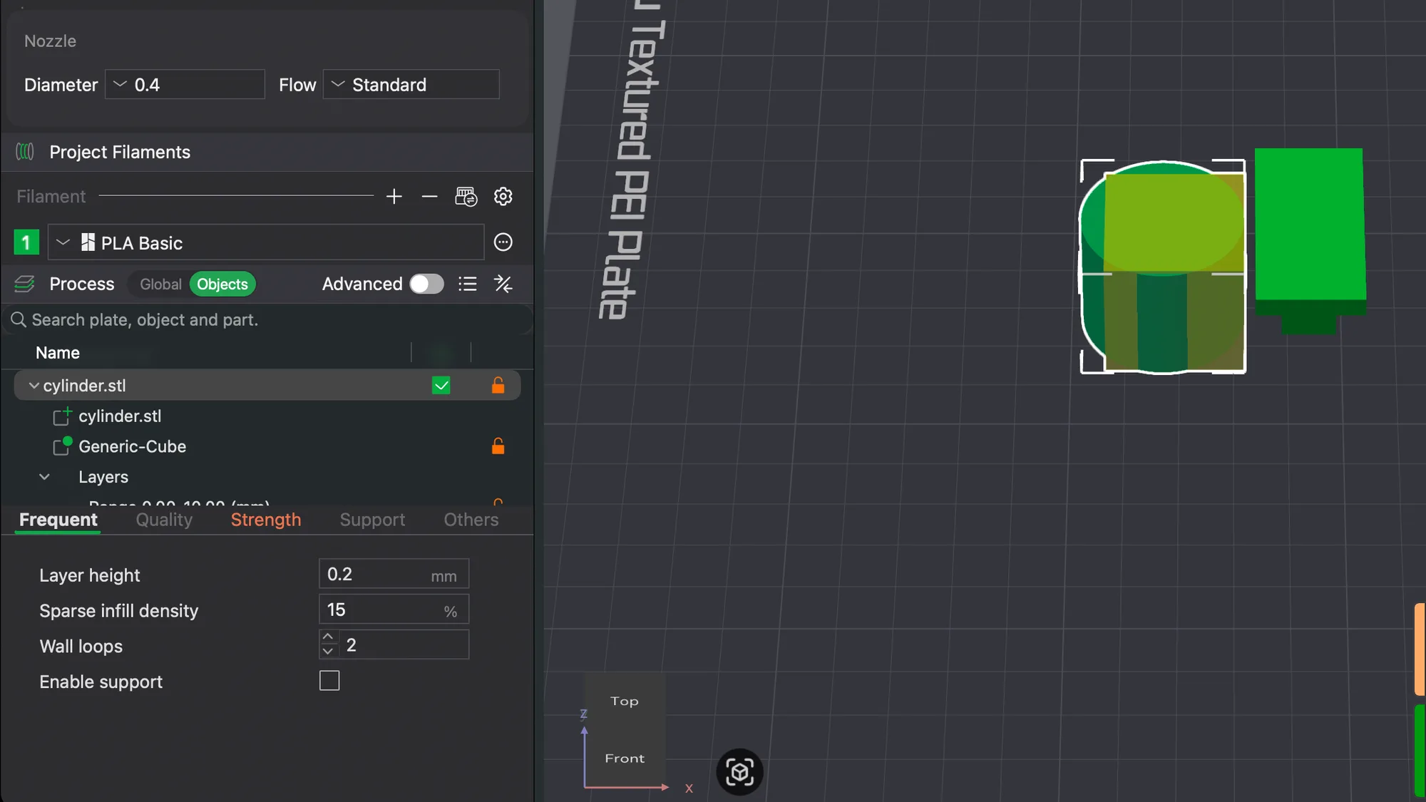 Bambu Studio Prepare view in Objects mode showing the object list with a cube modifier over a cylinder