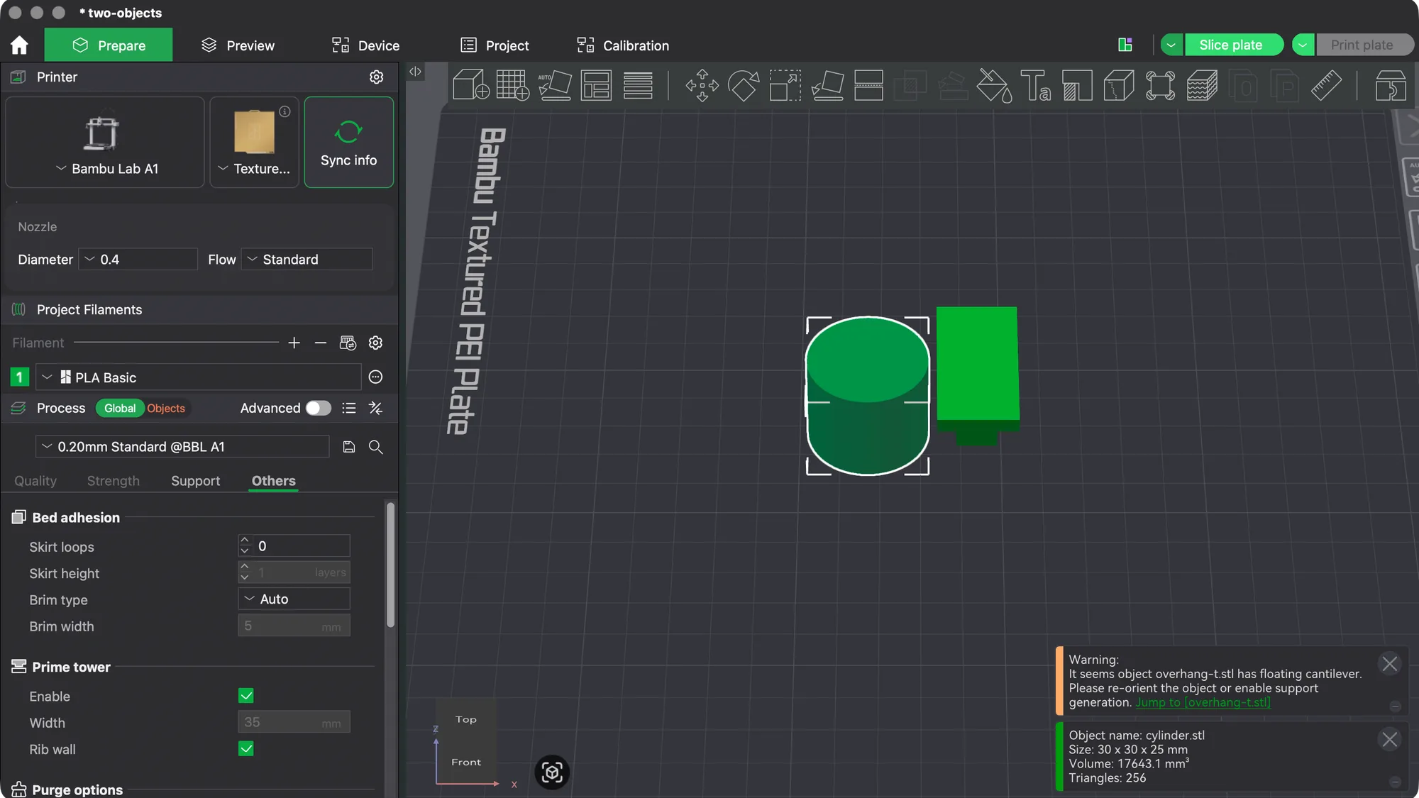 Bambu Studio Prepare tab on macOS showing a cylinder and a block on the Bambu Textured PEI Plate with the Process panel open