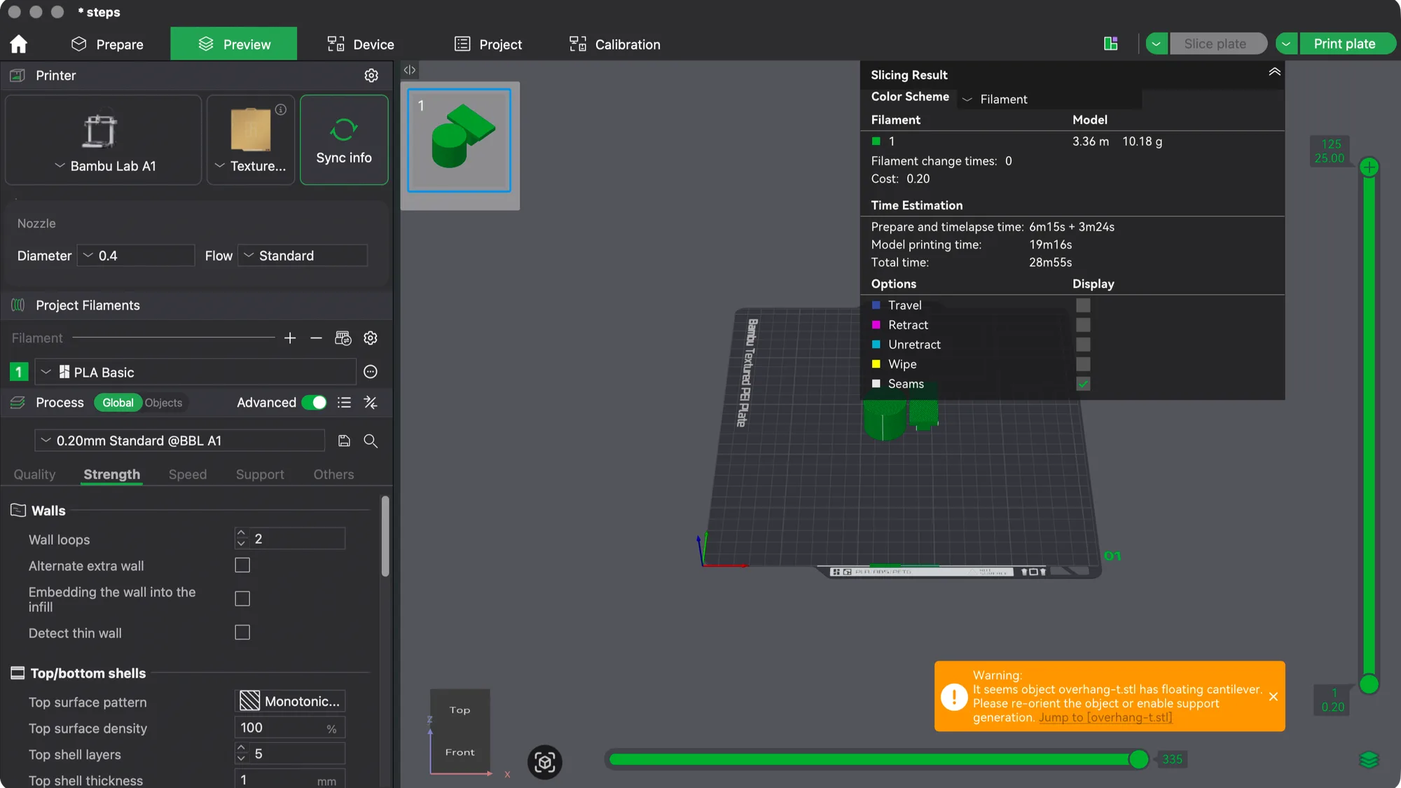 Bambu Studio showing the Strength tab of the Process panel beside a slicing result with filament use and estimated print time