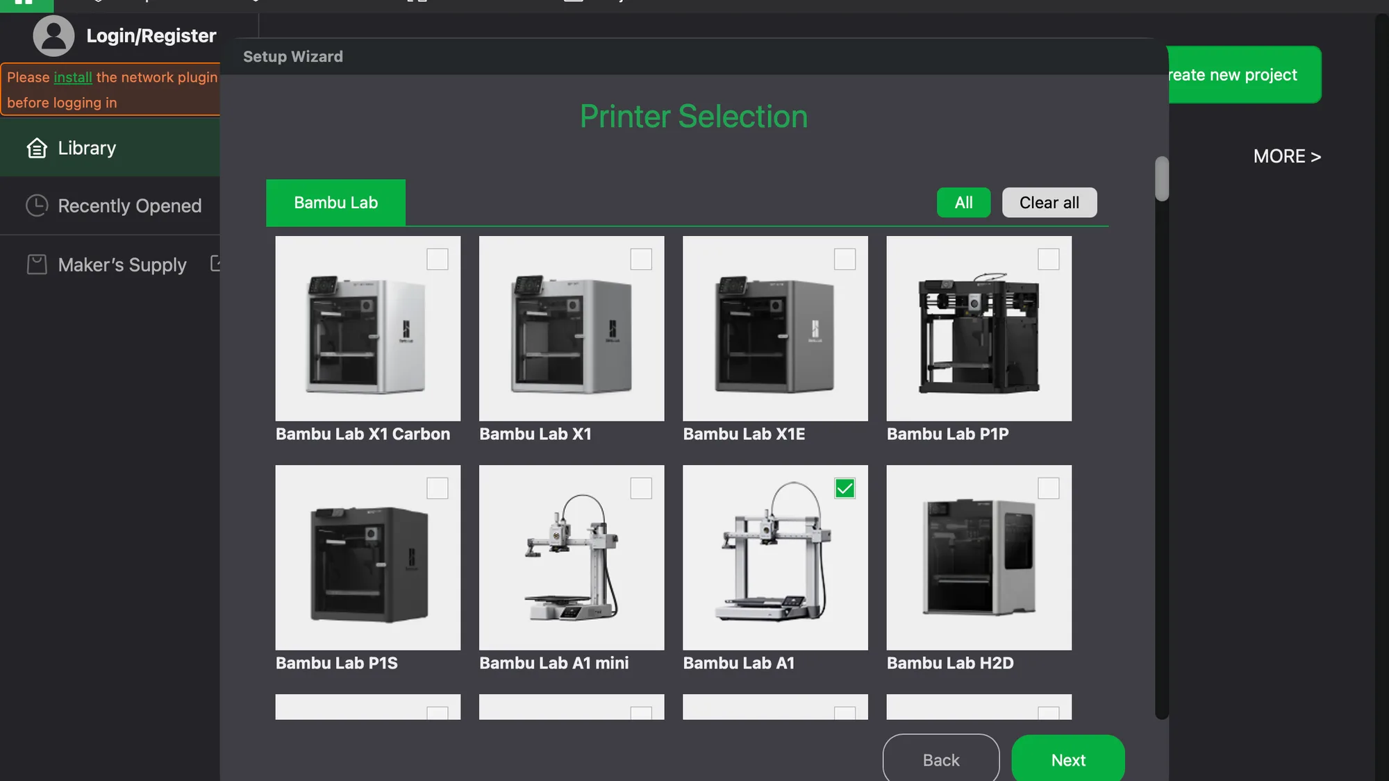 Bambu Studio 02.08.02.61 Setup Wizard Printer Selection page with only Bambu Lab A1 ticked