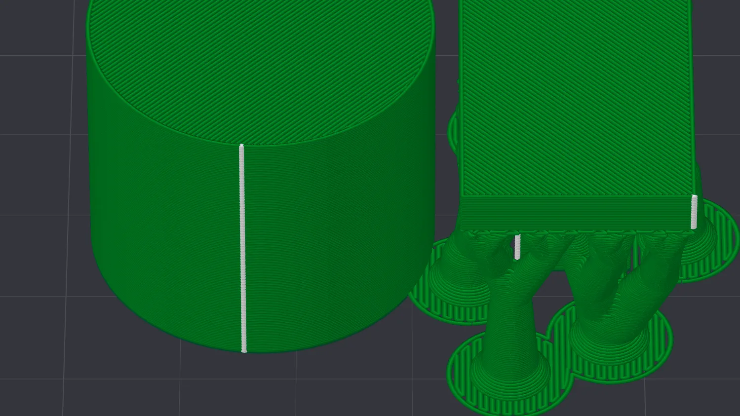 Bambu Studio preview showing tree supports with round bases under a cantilever beside a cylinder