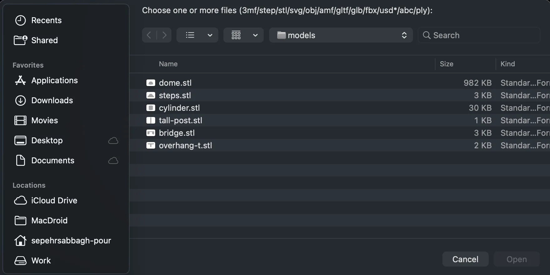 The macOS file picker that Bambu Studio opens from the Add button, listing six STL files in a models folder