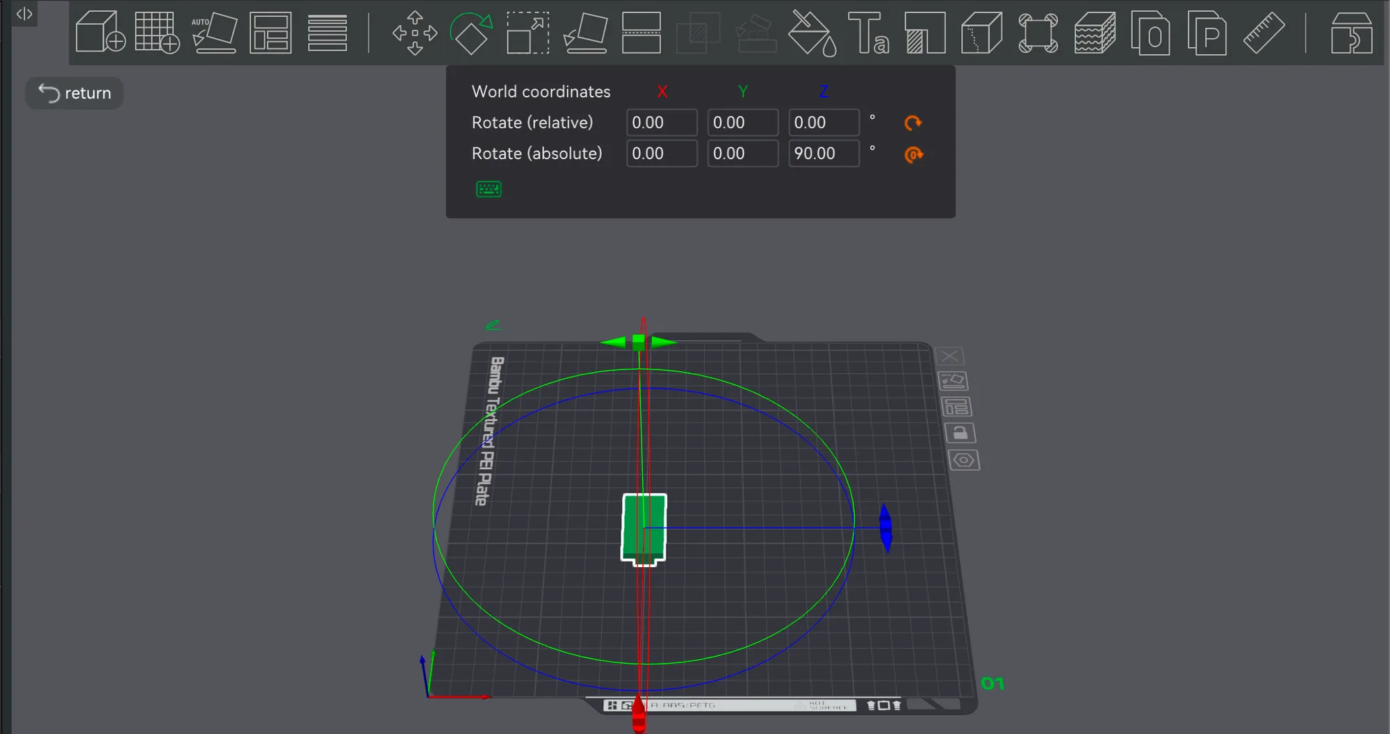 Bambu Studio Rotate panel showing relative and absolute rotation fields and the rotation rings around the model