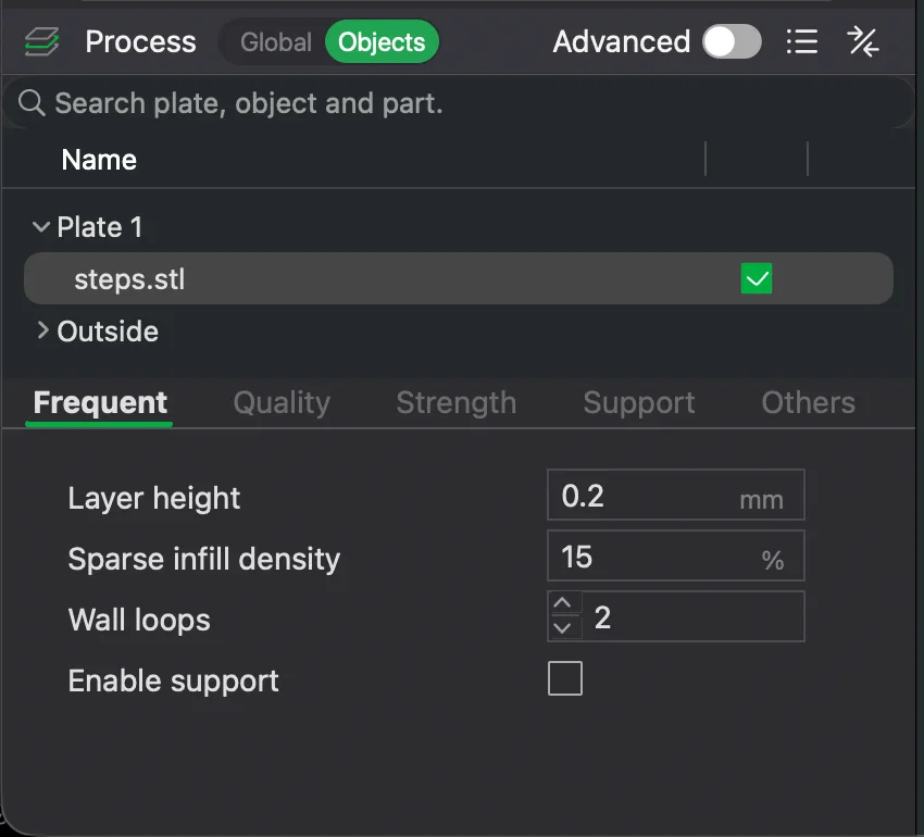 The Process panel switched to Objects, showing Plate 1, steps.stl and the Frequent settings tab