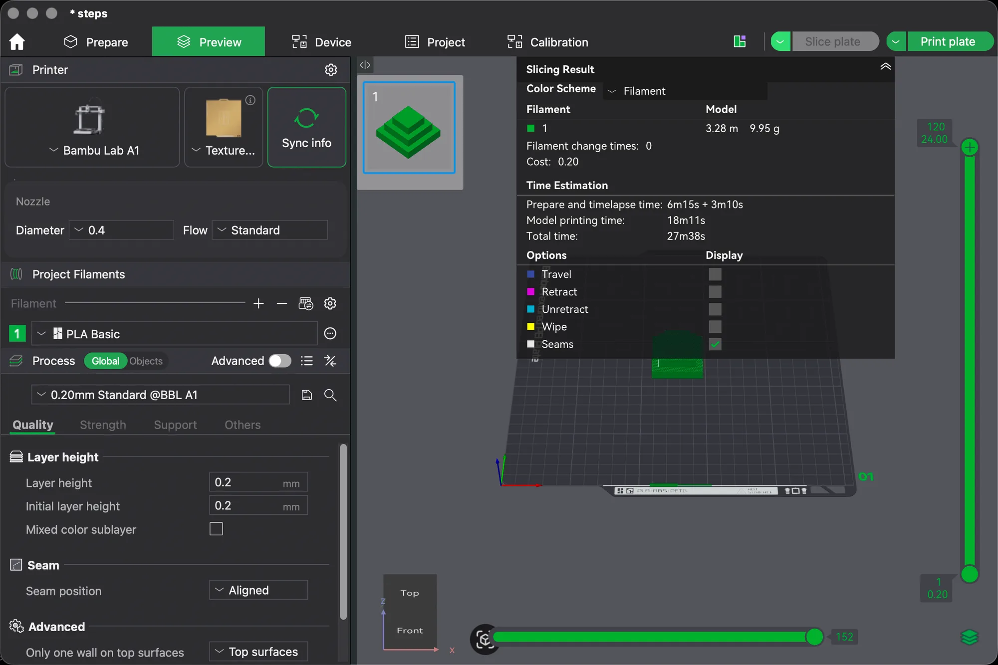 The Preview tab with the Slicing Result panel, layer slider and Print plate button