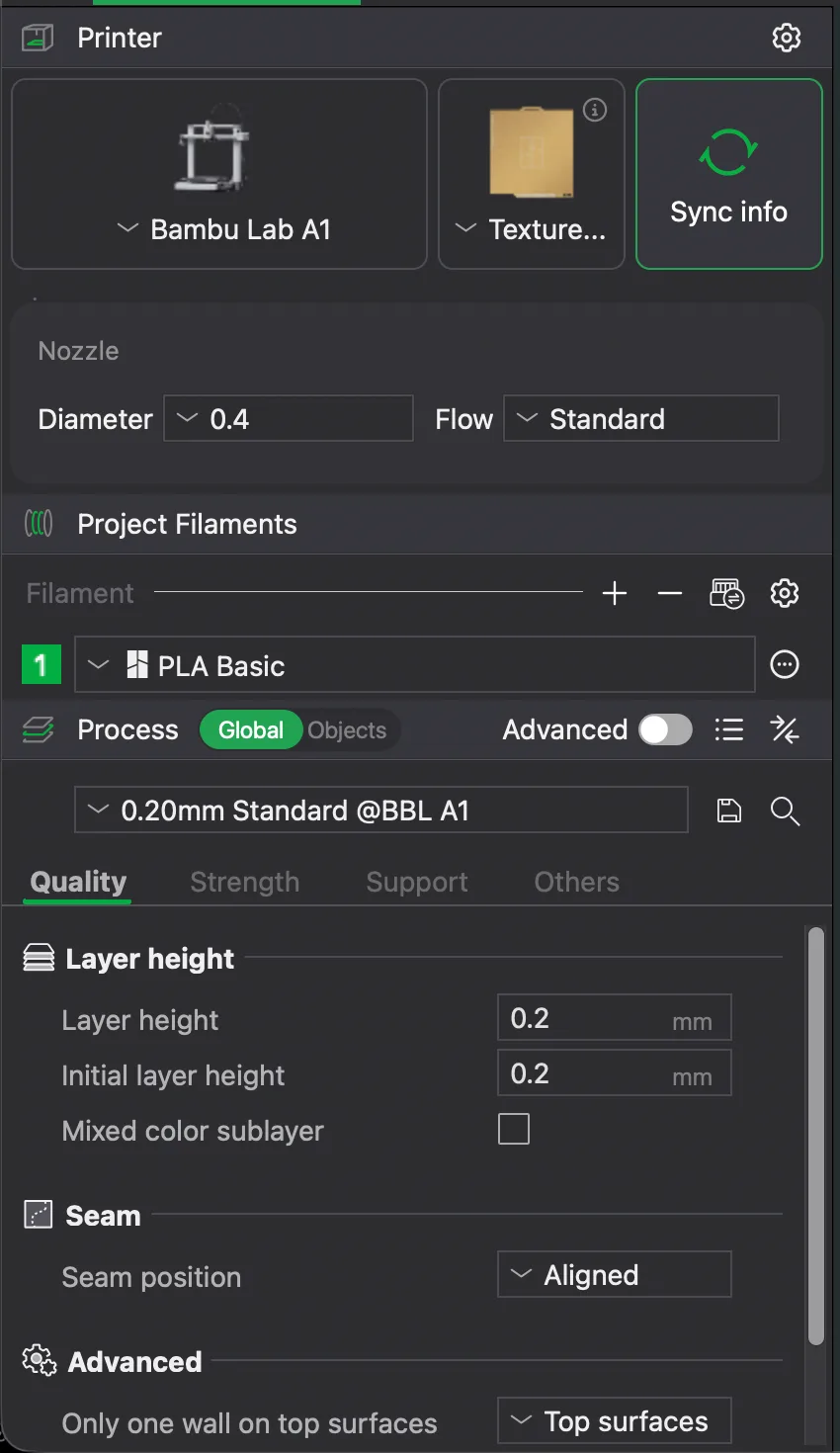 The Bambu Studio left panel with the Printer card, nozzle box, Project Filaments list and Process panel with the Advanced switch off