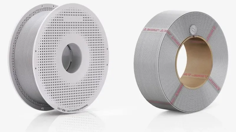 Bambu Lab grey filament on its reusable perforated spool next to a spool-free refill roll on a light background