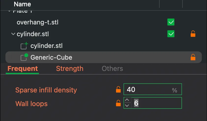 Object list in Bambu Studio showing a Generic-Cube modifier with infill 40 and wall loops 6 overrides