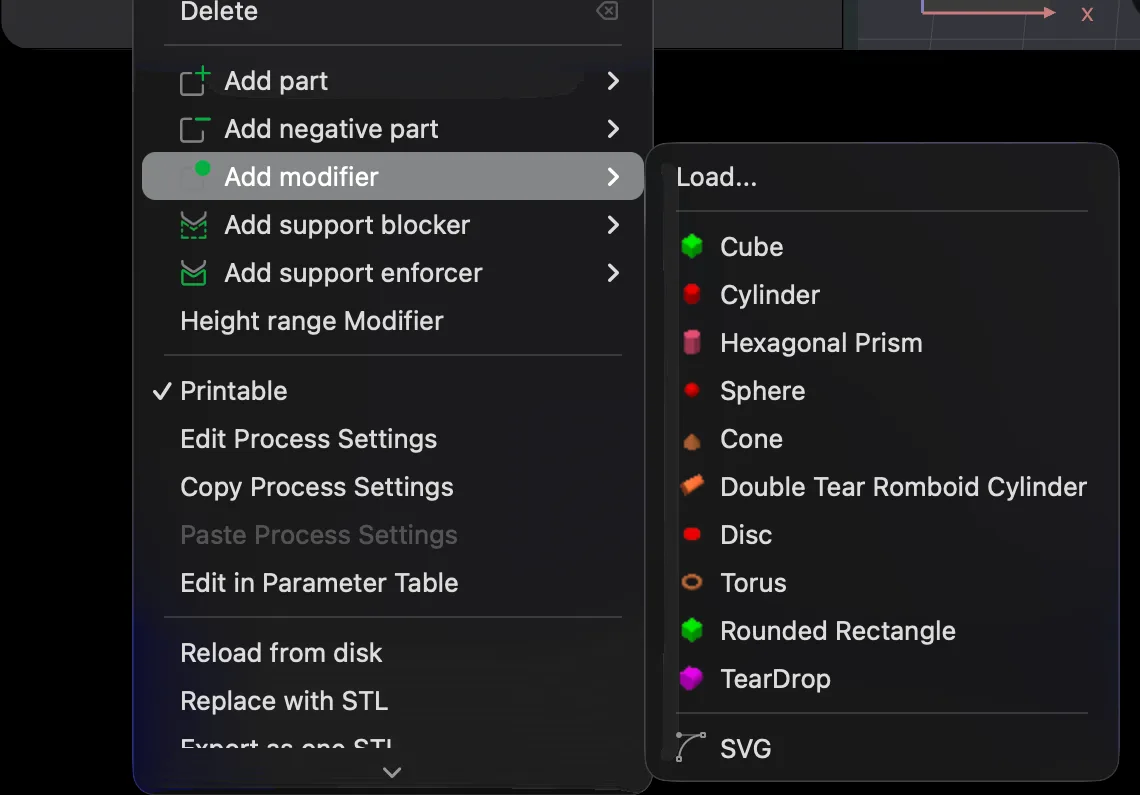 Right click menu in Bambu Studio showing Add modifier shapes such as Cube, Cylinder and Sphere